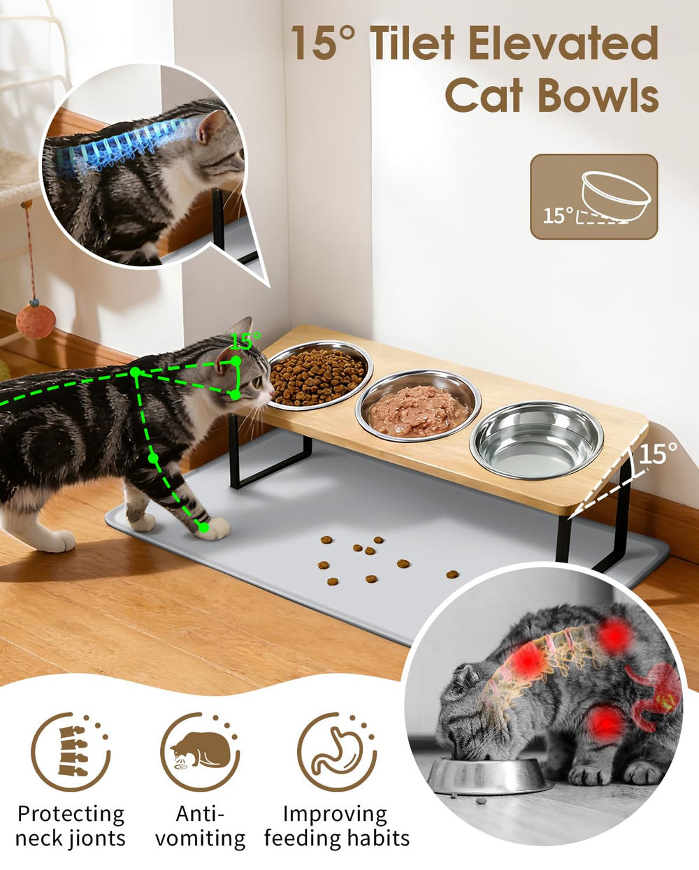 ZFZYyxgs triple stainless-steel bowls offer whisker-friendly, wide-mouth dining.