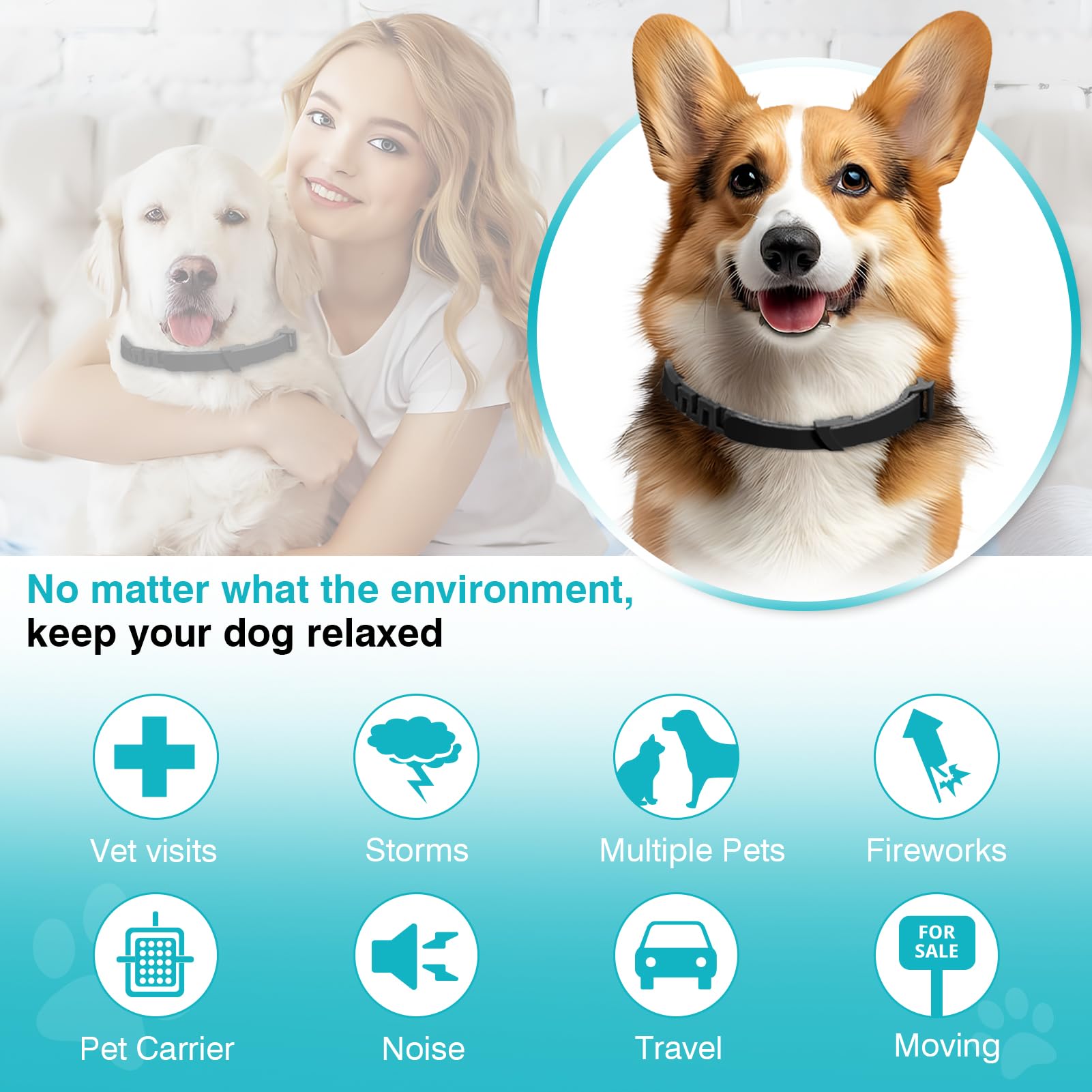 ZHANGK Calming Collar adjustable strap fits dogs of all sizes.