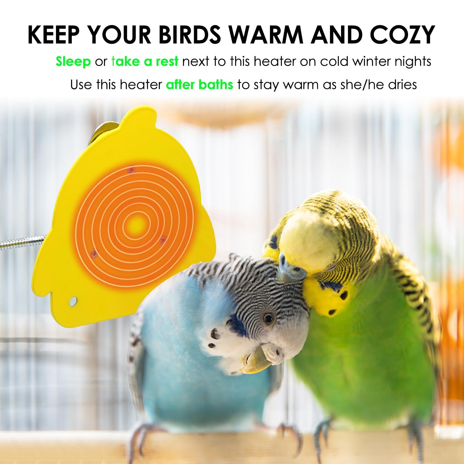 ZHEQOGZH bird cage heater in cage provides gentle warmth for resting birds