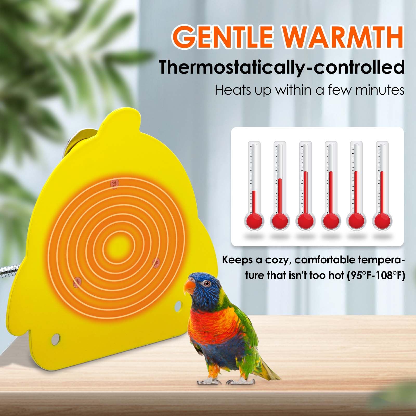 ZHEQOGZH bird cage heater side view showing compact cage-friendly design
