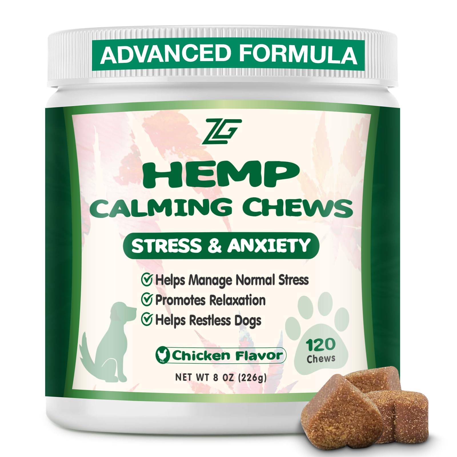 ZiehooGe Calming Chews bottle closeup for stress relief in noisy environments.