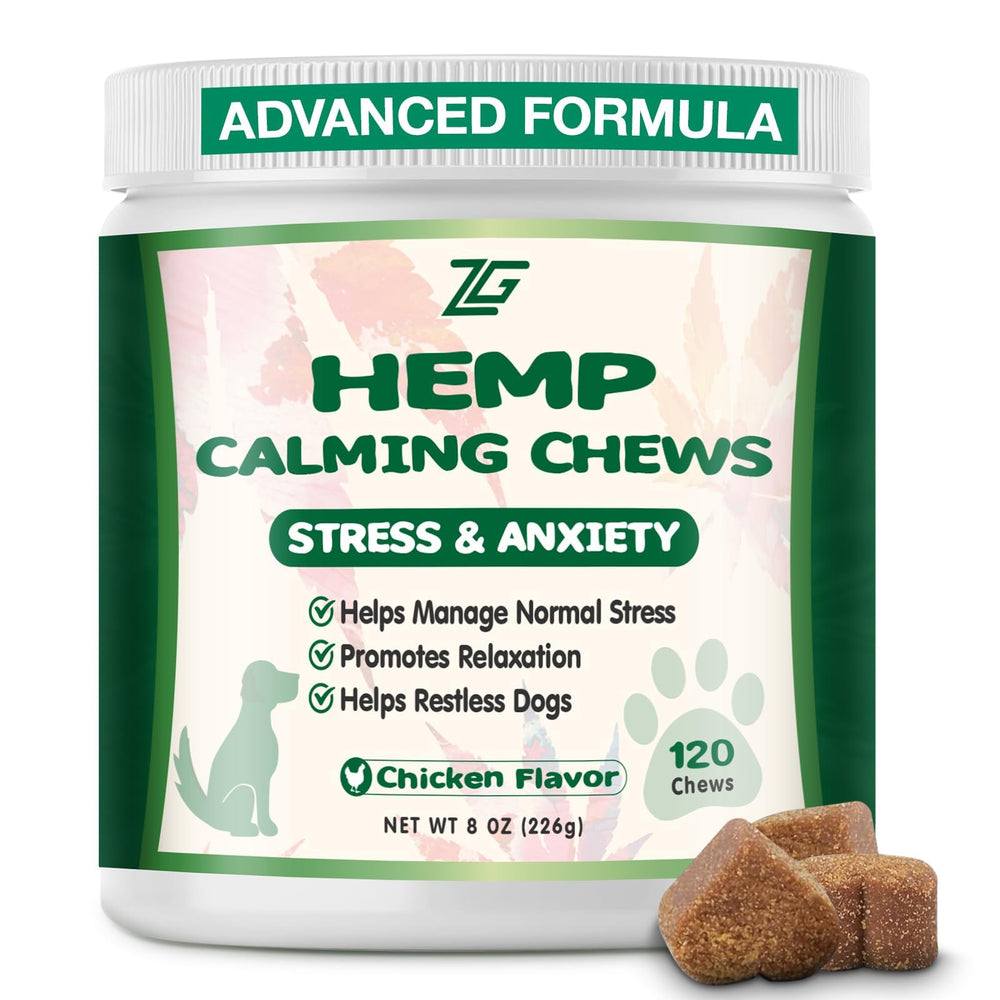 ZiehooGe Calming Chews bottle closeup for stress relief in noisy environments.