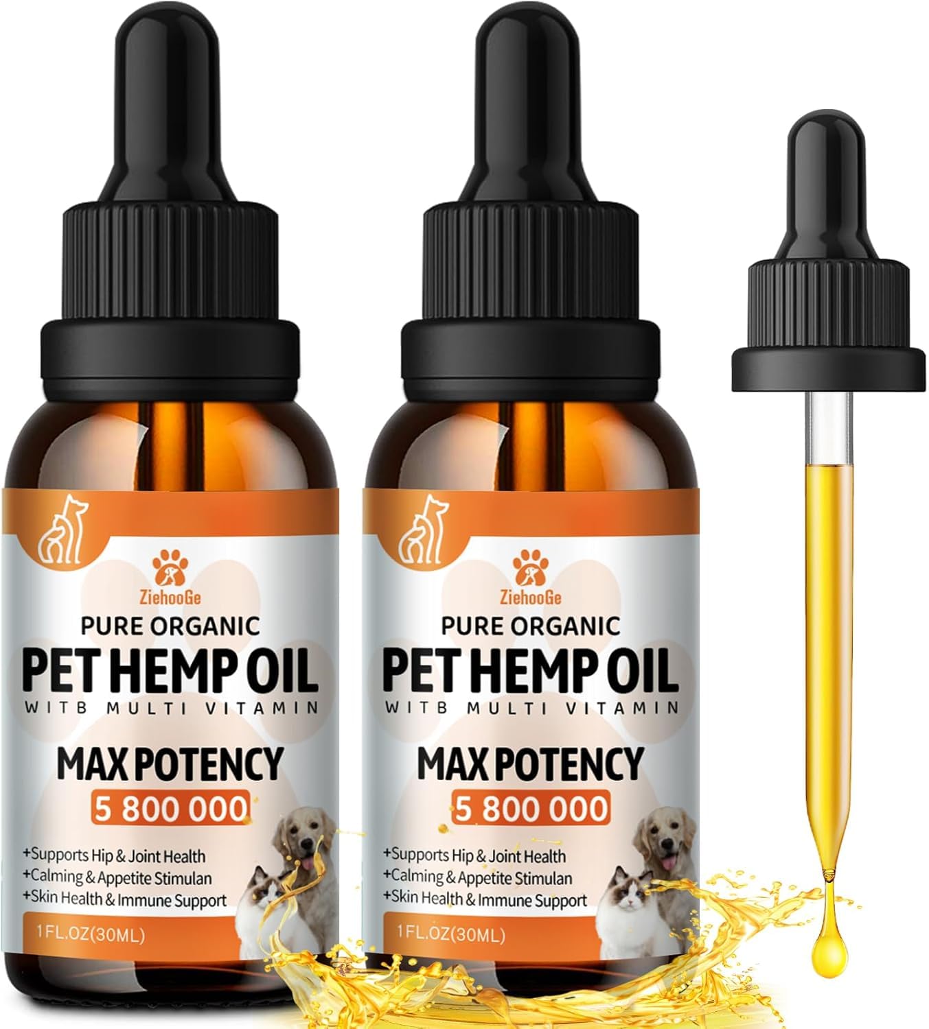 ziehooGe hemp oil for dogs and cats bottle front view highlighting organic formula