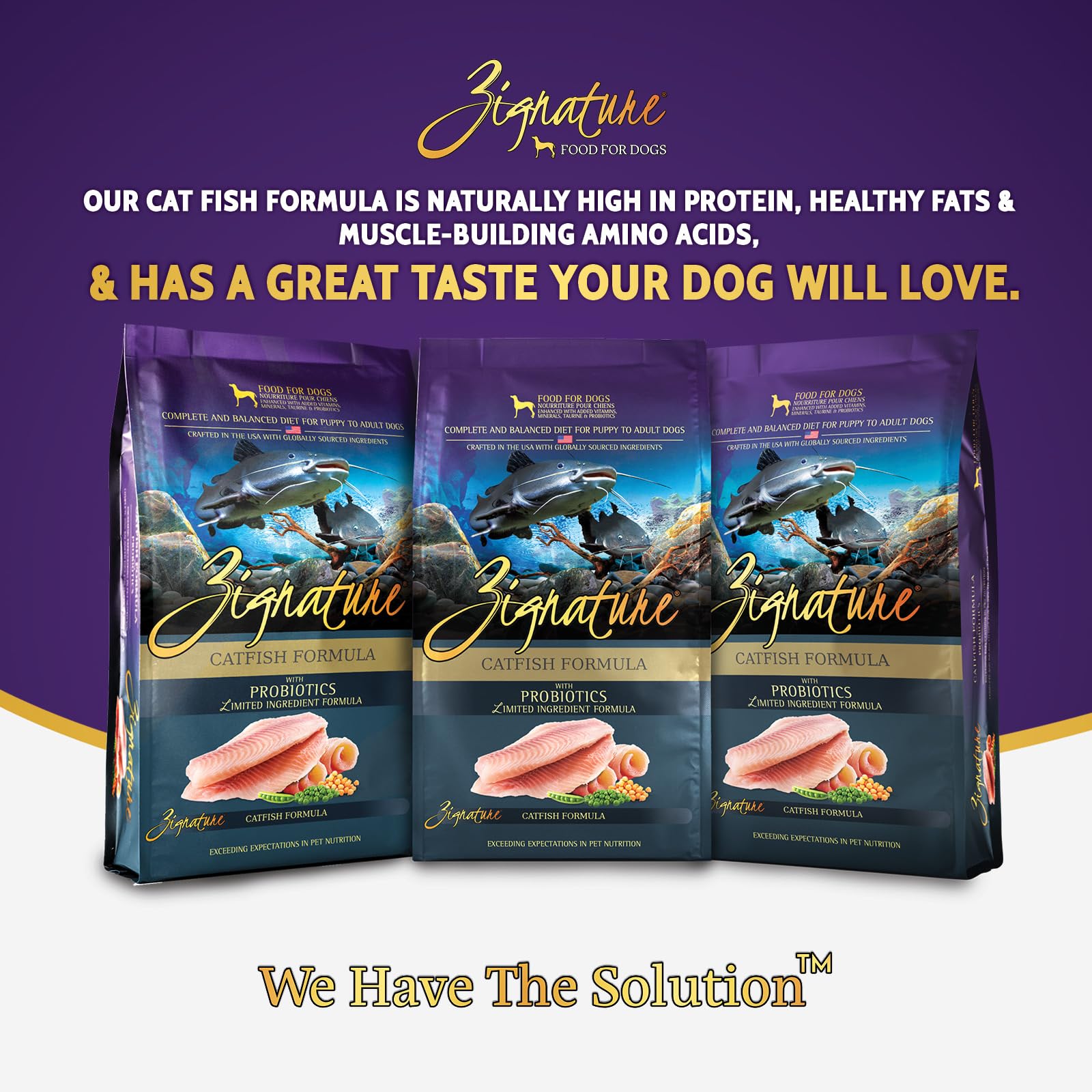 Zignature limited-ingredient catfish formula close-up bag and measuring scoop.