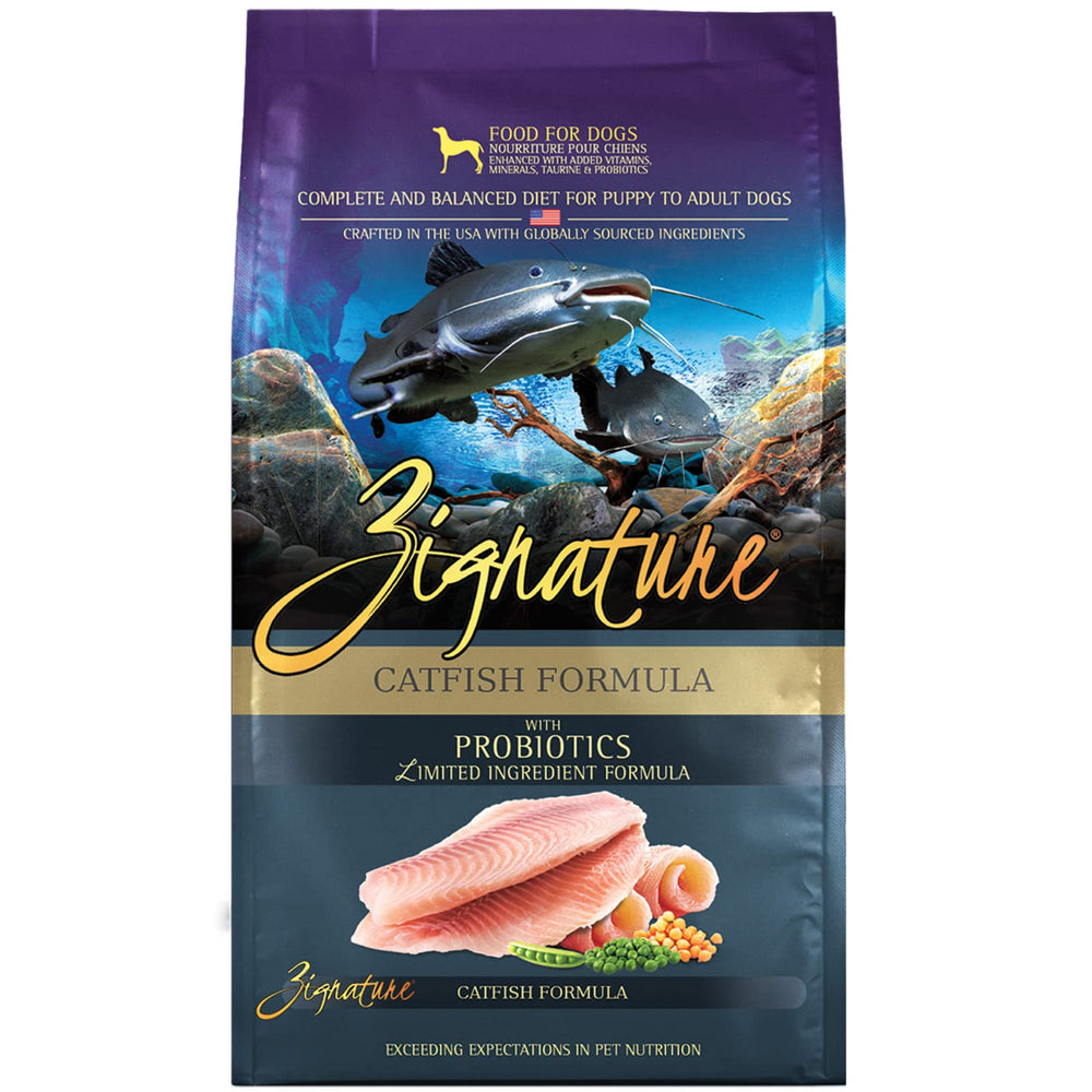 Zignature Catfish limited ingredient formula bag close-up highlighting premium protein