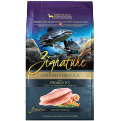 Zignature Catfish Limited Ingredient Formula dry dog food bag highlighting lean protein for weight-friendly meals