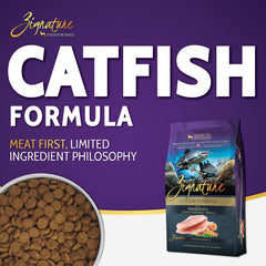 Zignature catfish formula packaging highlights limited-ingredient profile for sensitive digestion.