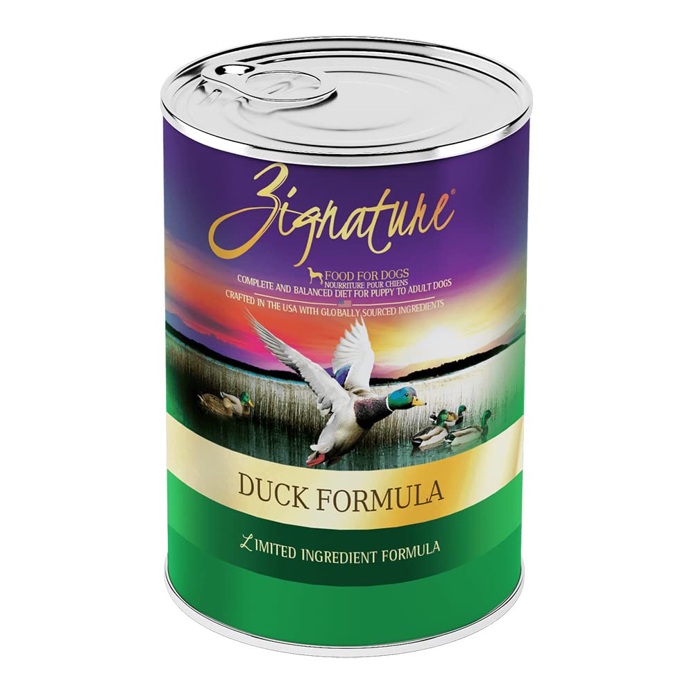 Zignature Duck Formula wet dog food can highlighting hydration and lean protein