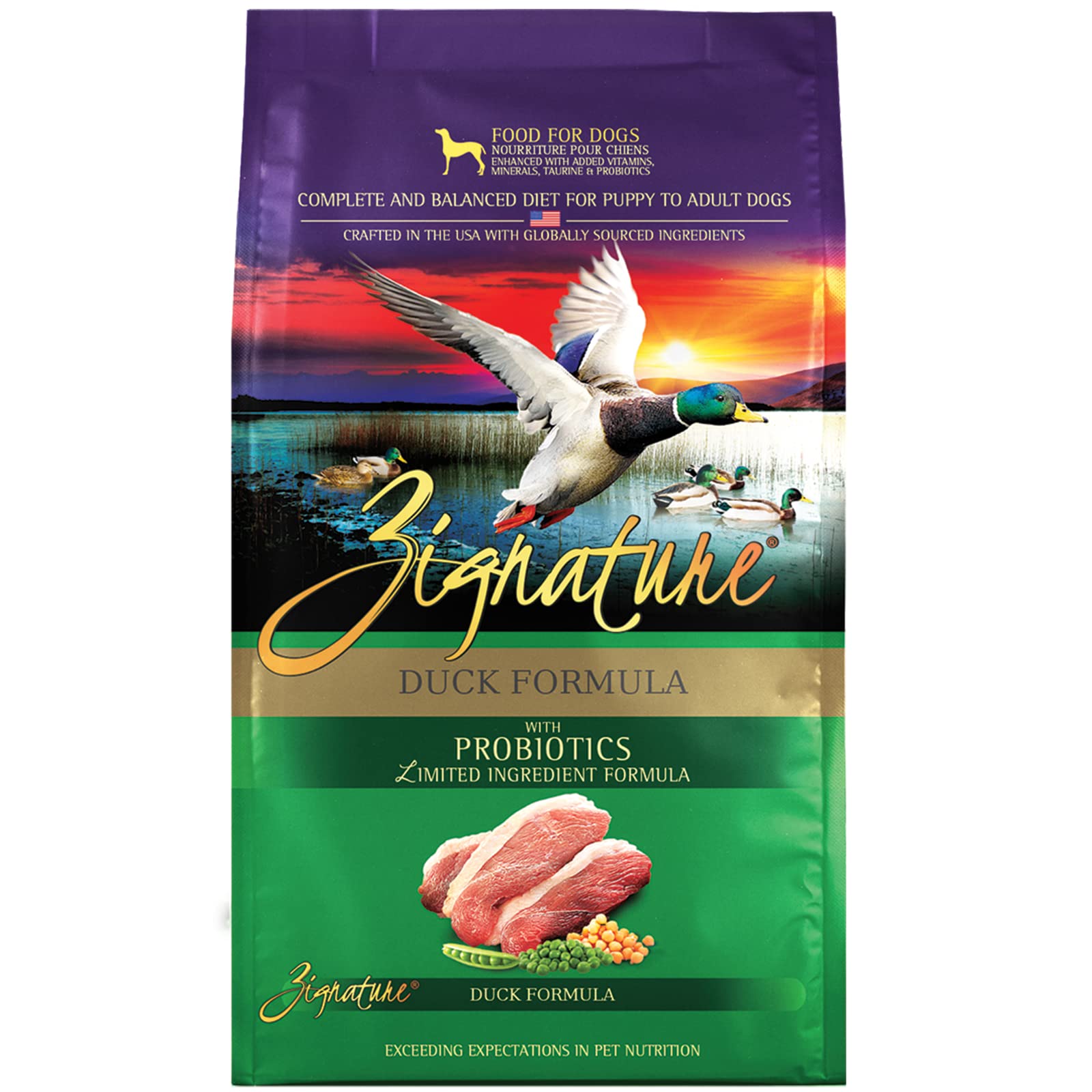 Zignature Duck Limited Ingredient Formula bag front view showing lean protein option for dogs