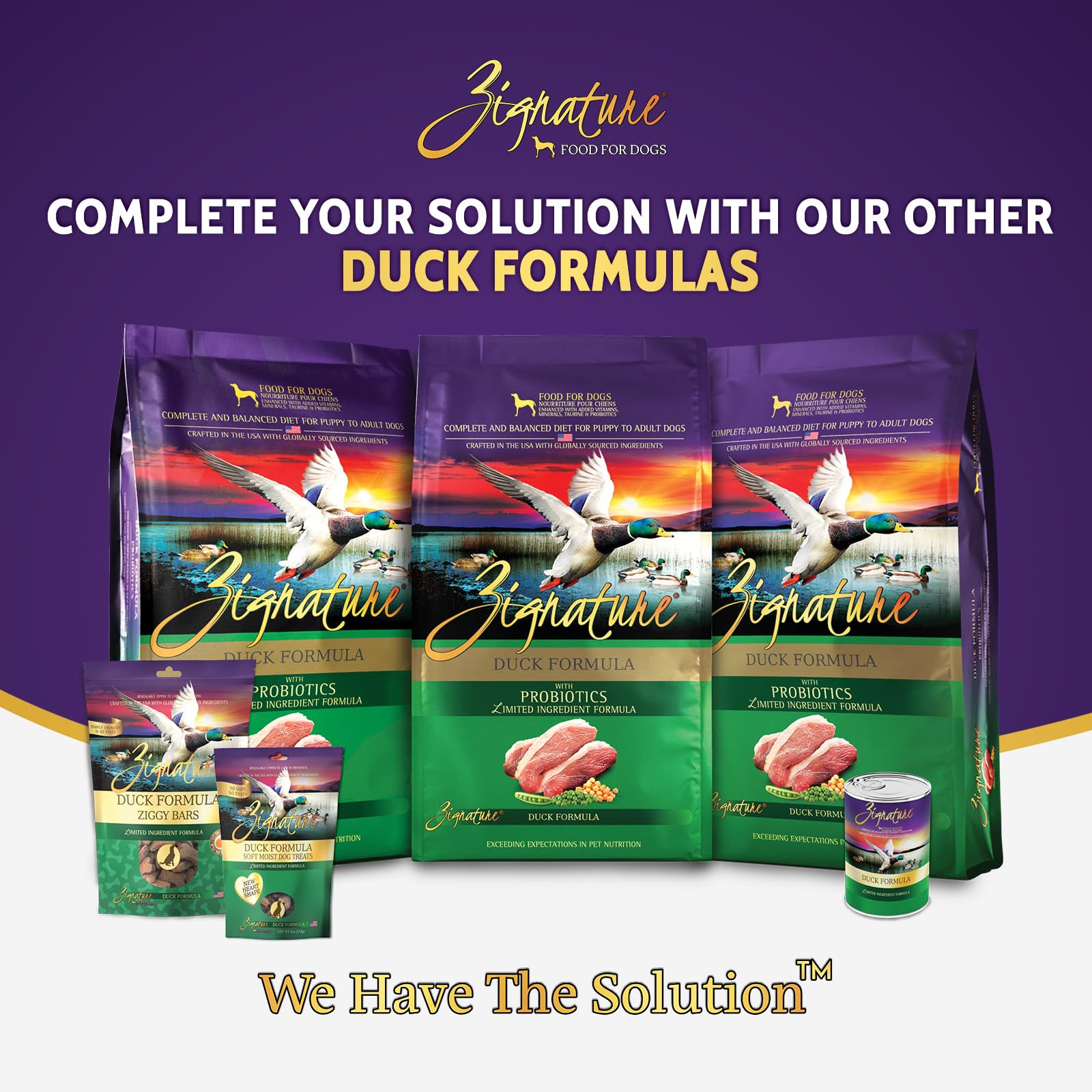 Zignature Duck limited ingredient formula graphic implying probiotics support gut health