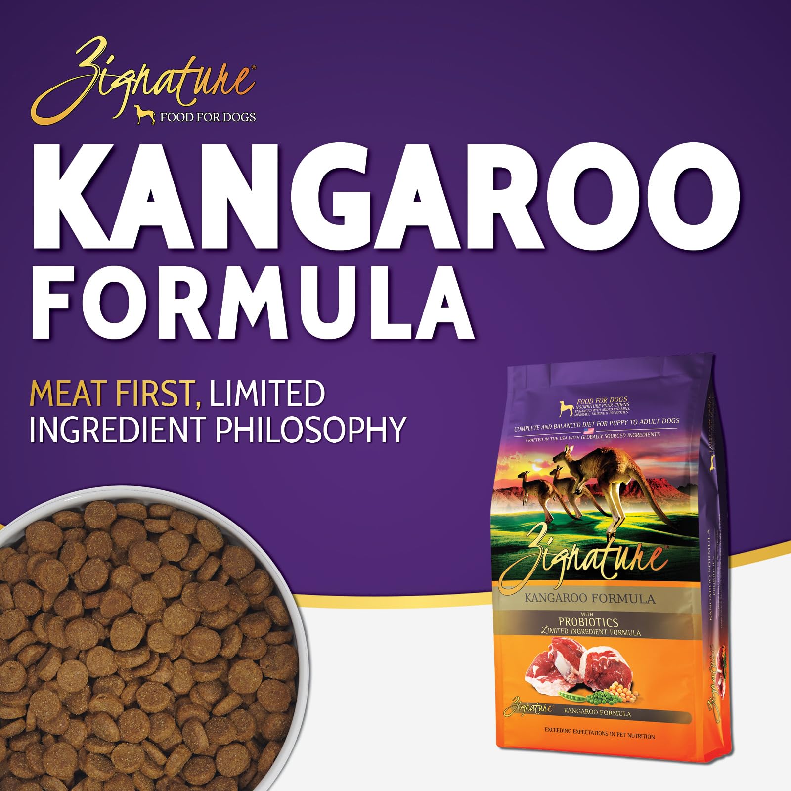 Zignature Kangaroo kibble with peas and chickpeas supports gentle digestion