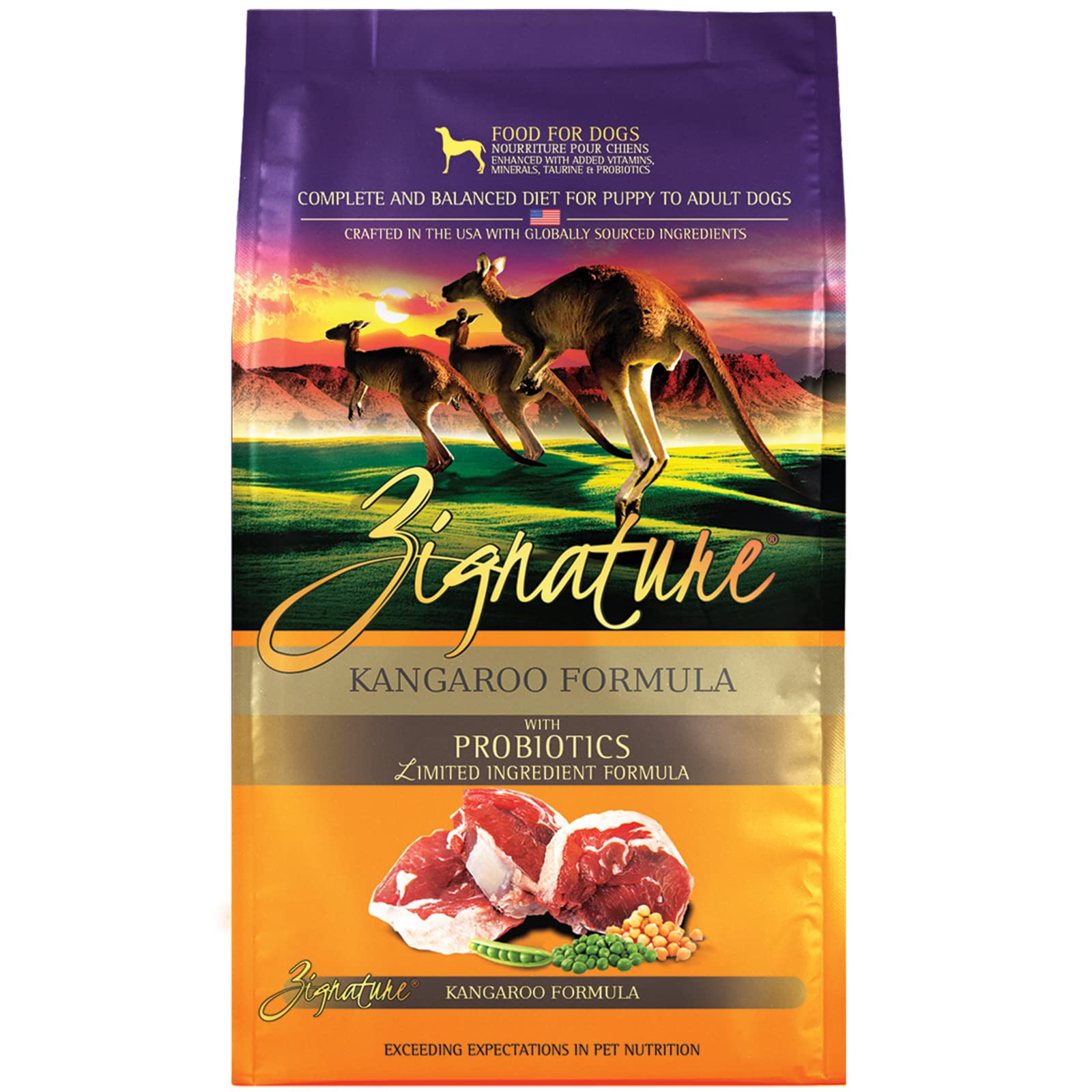 Zignature Kangaroo bag front showing grain-free formula for sensitive dogs