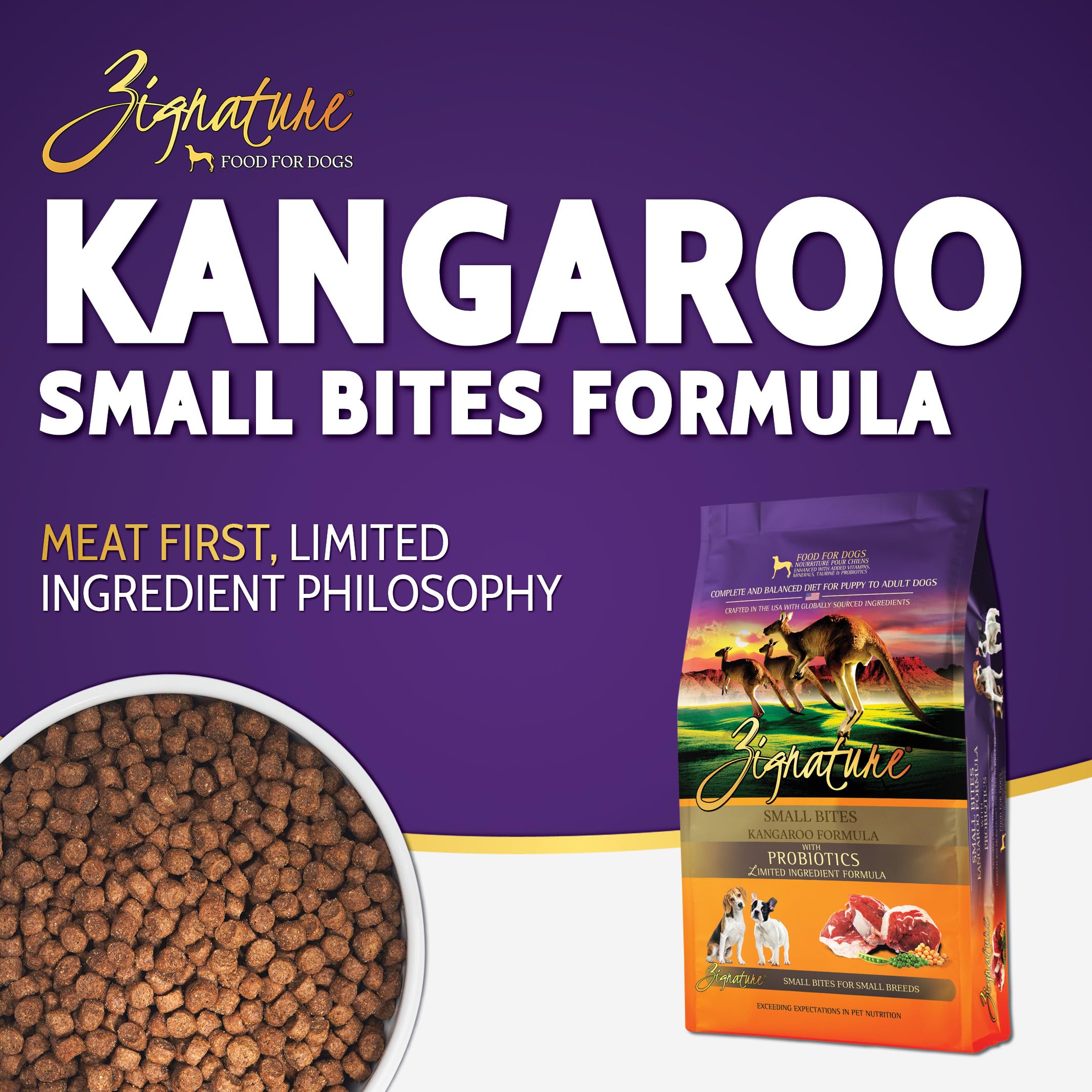 Zignature Kangaroo Small Bites dog eating, demonstrating tiny kibble for small mouths.