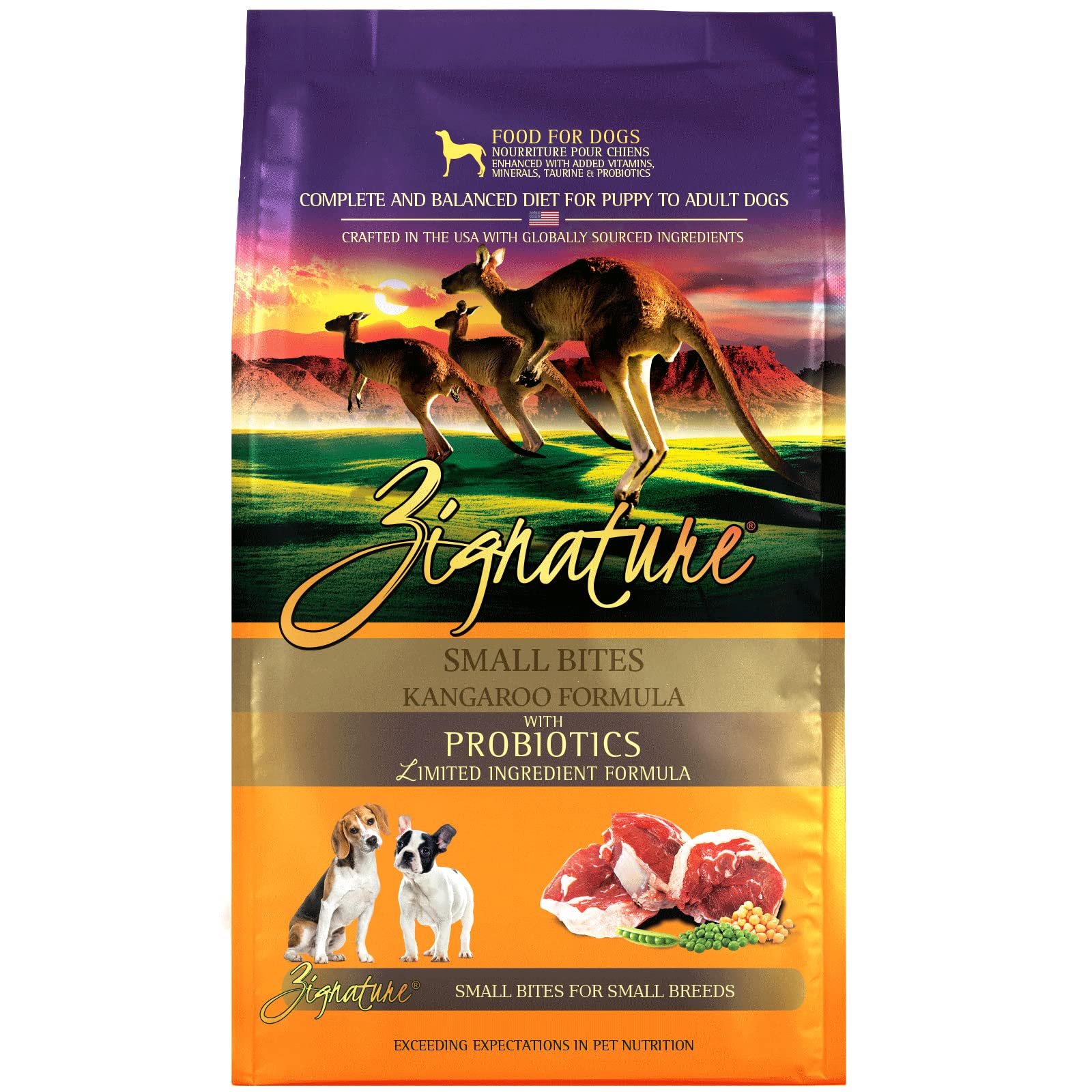 Zignature Kangaroo Small Bites kibble close-up showing lean kangaroo protein for small dogs.
