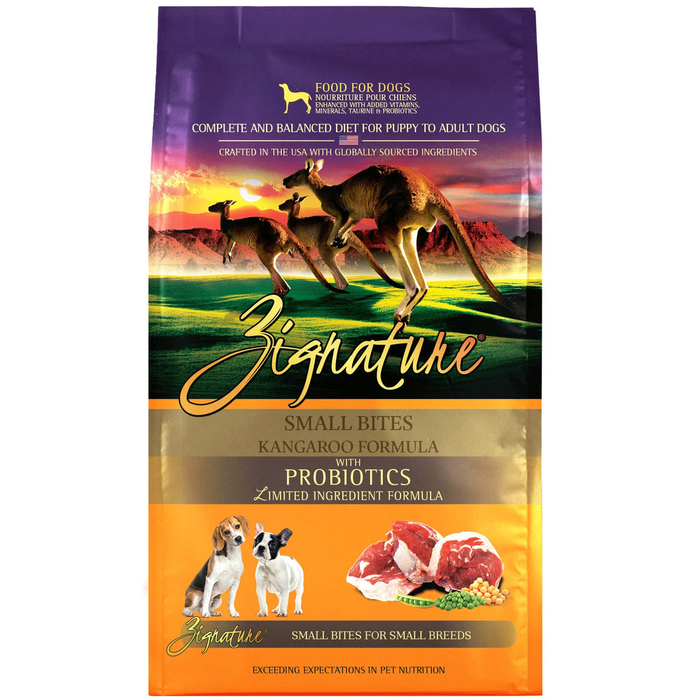 Zignature Kangaroo Small Bites kibble close-up showing lean kangaroo protein for small dogs.