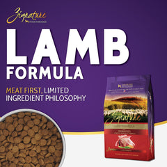 Closeup of Zignature Lamb kibble highlighting lean protein for energy.