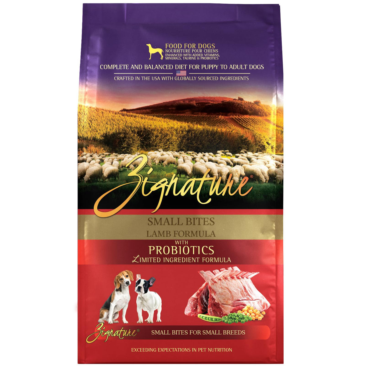 Zignature Lamb Small Bites bag front highlights limited-ingredient formula for sensitive tummies.
