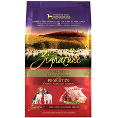 Zignature Lamb Small Bites bag front highlights limited-ingredient formula for sensitive tummies.