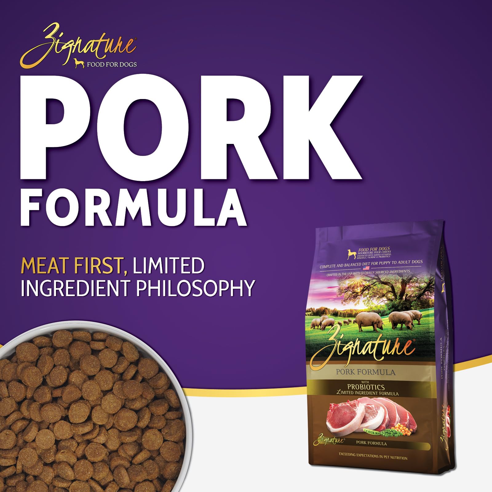 Close-up of Zignature pork kibble highlighting digestible protein for easy digestion