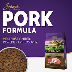 Close-up of Zignature pork kibble highlighting digestible protein for easy digestion