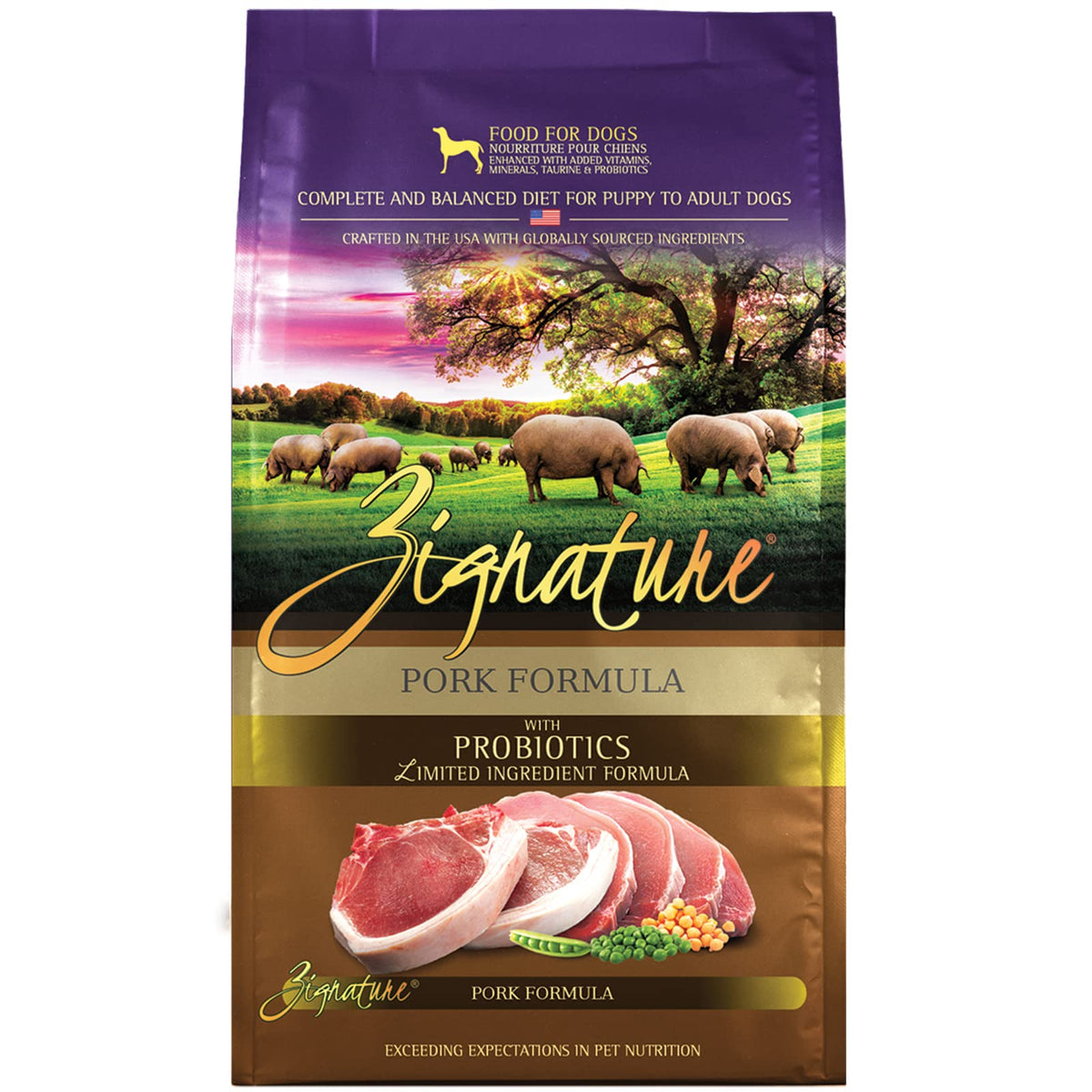 Zignature Pork Limited Ingredient Formula package shows premium, simple nutrition for sensitive dogs
