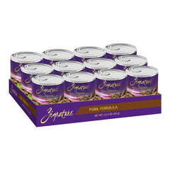 Zignature pork limited-ingredient wet dog food can label; emphasizes high moisture for daily hydration.