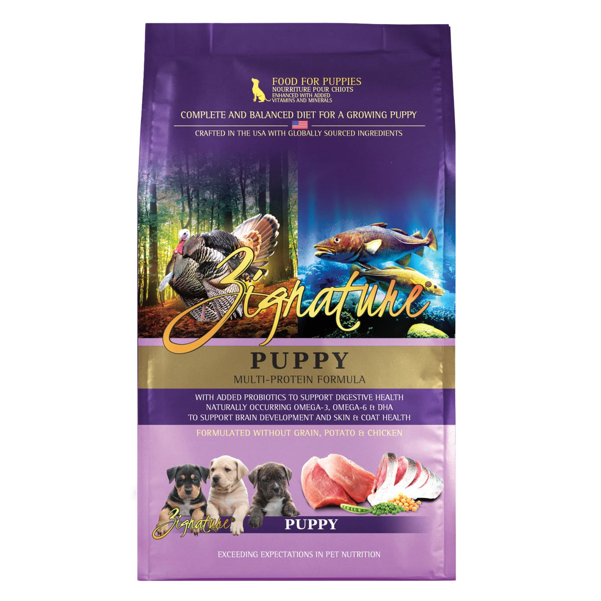 Zignature Puppy Formula bag front view with premium ingredients for growth