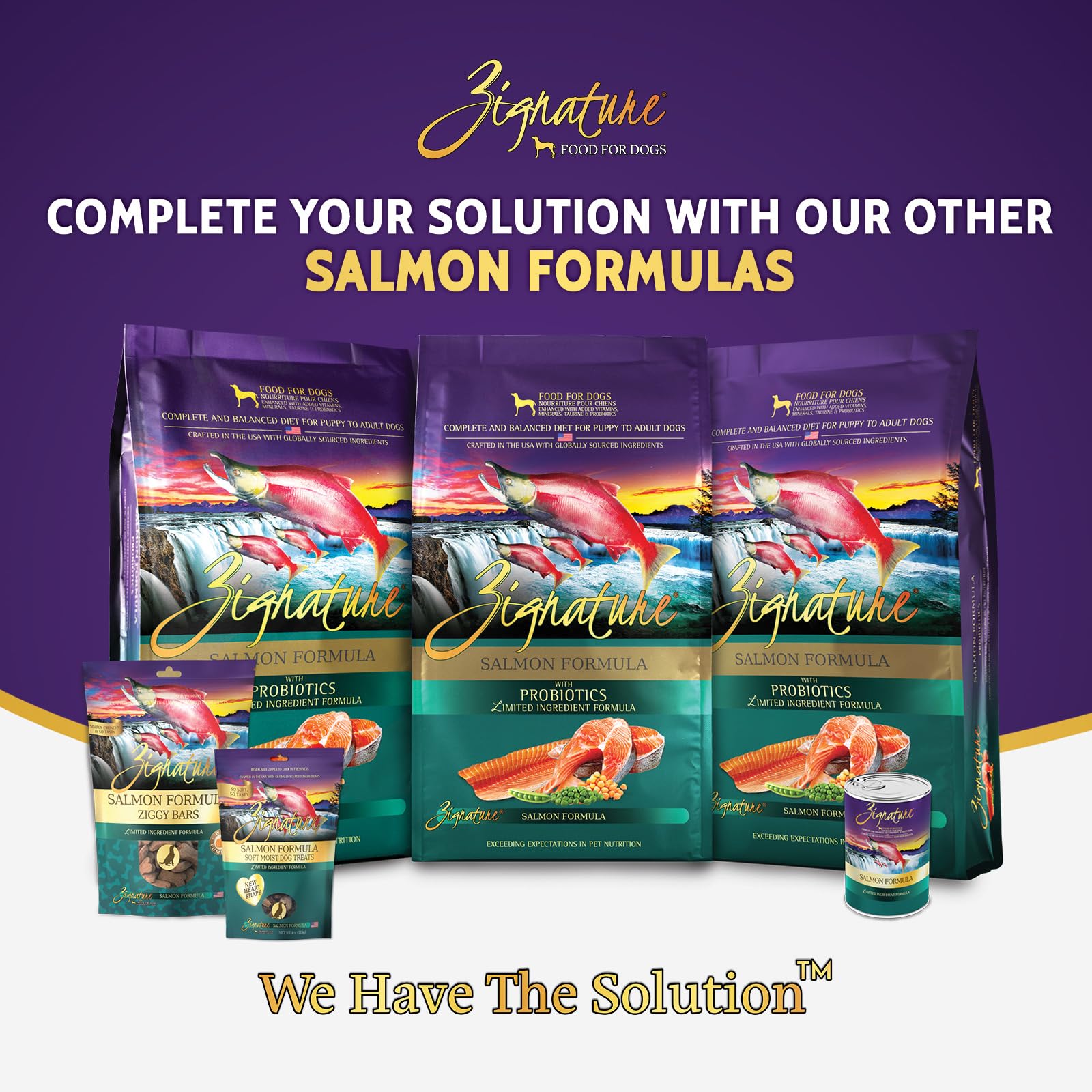 Zignature Salmon complete nutrition bag side view promoting overall wellness.