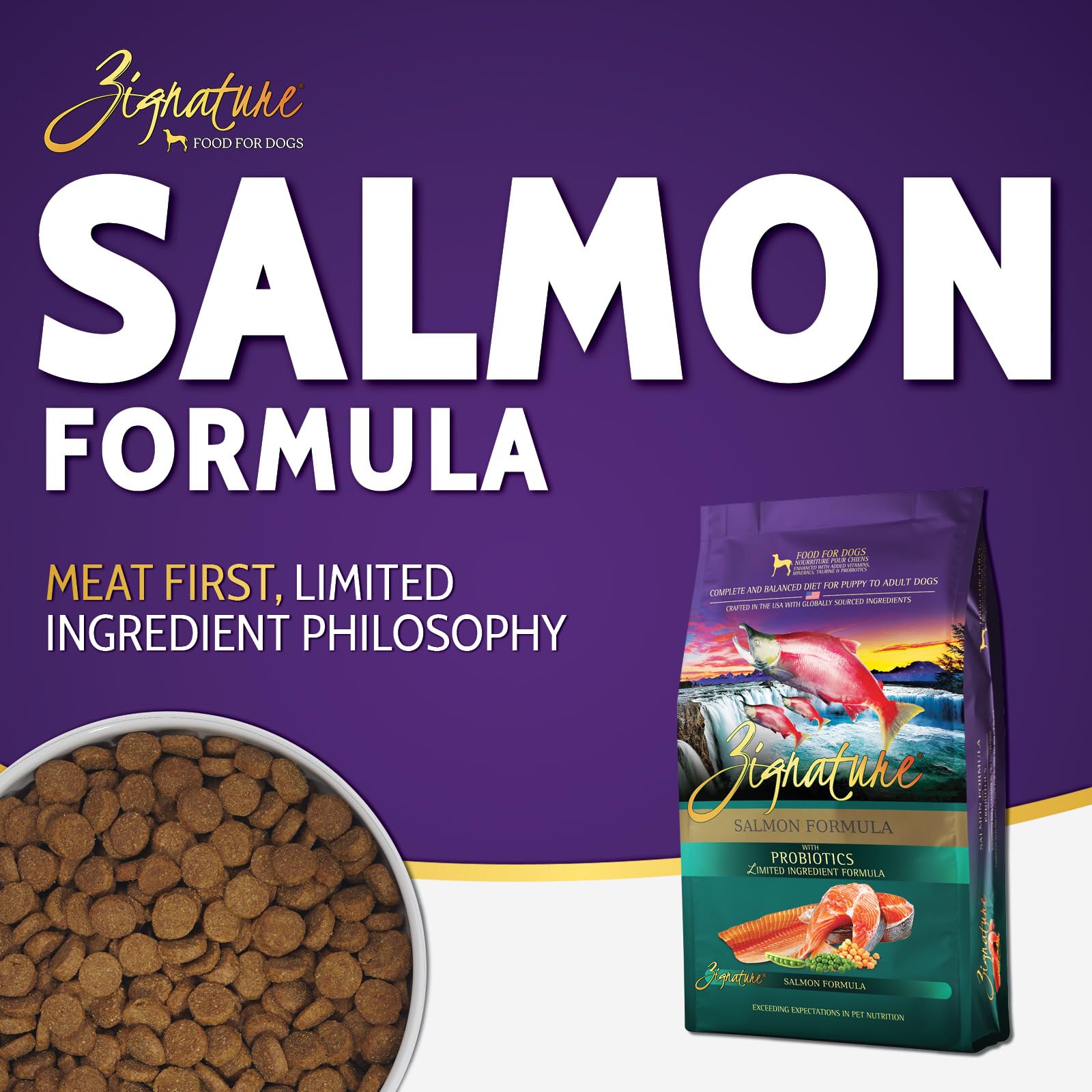 Zignature Salmon kibble close-up showing omega-3 rich protein for skin and coat.