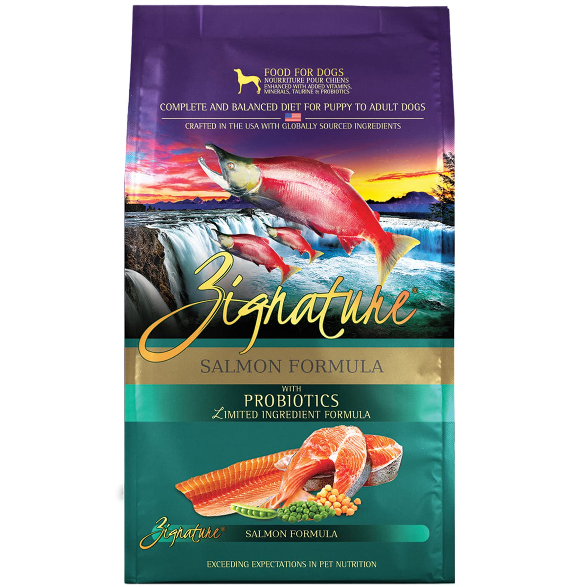 Zignature Salmon limited-ingredient dry dog food bag for easy portioning and rotation.