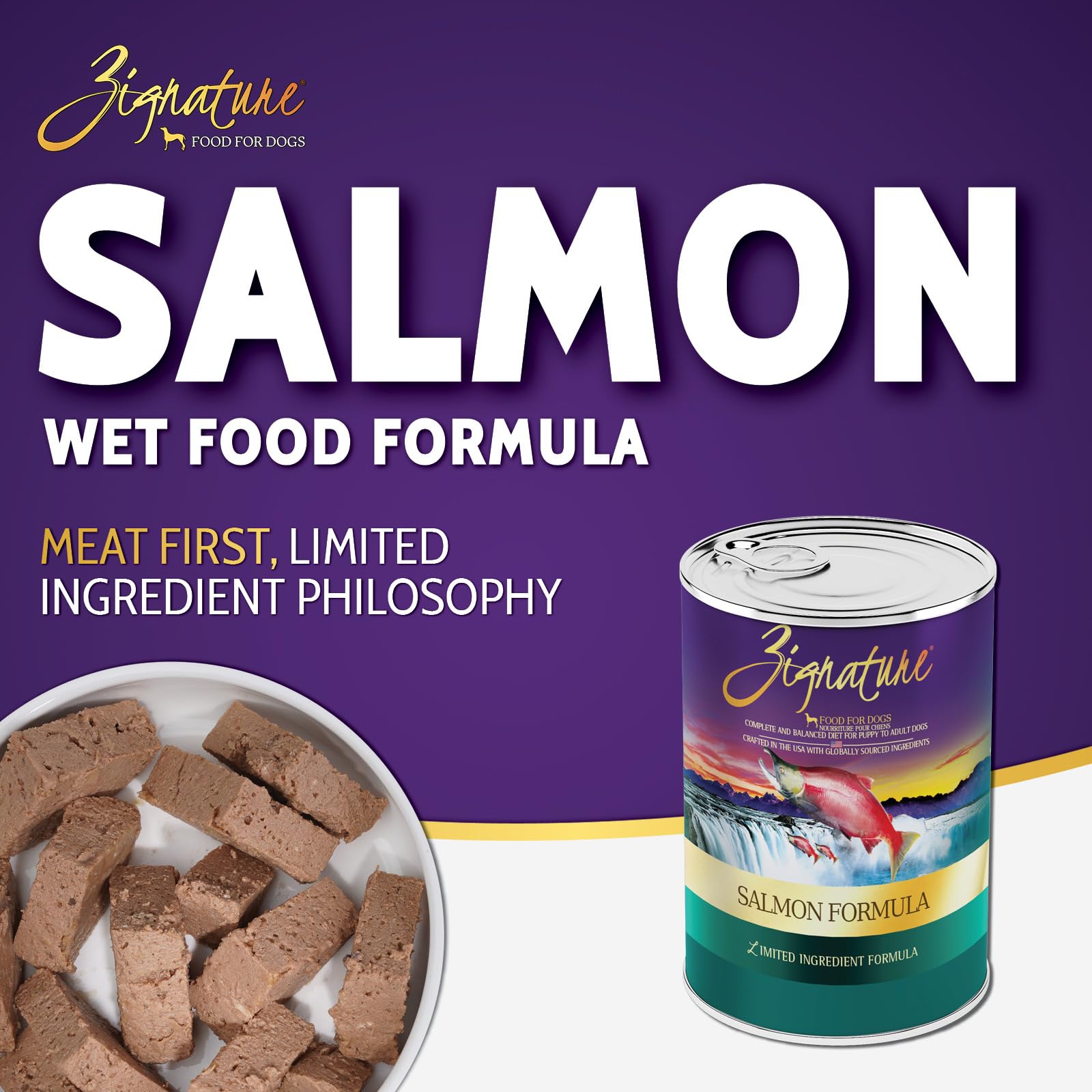 Serving bowl featuring Zignature Salmon formula with appetizing texture