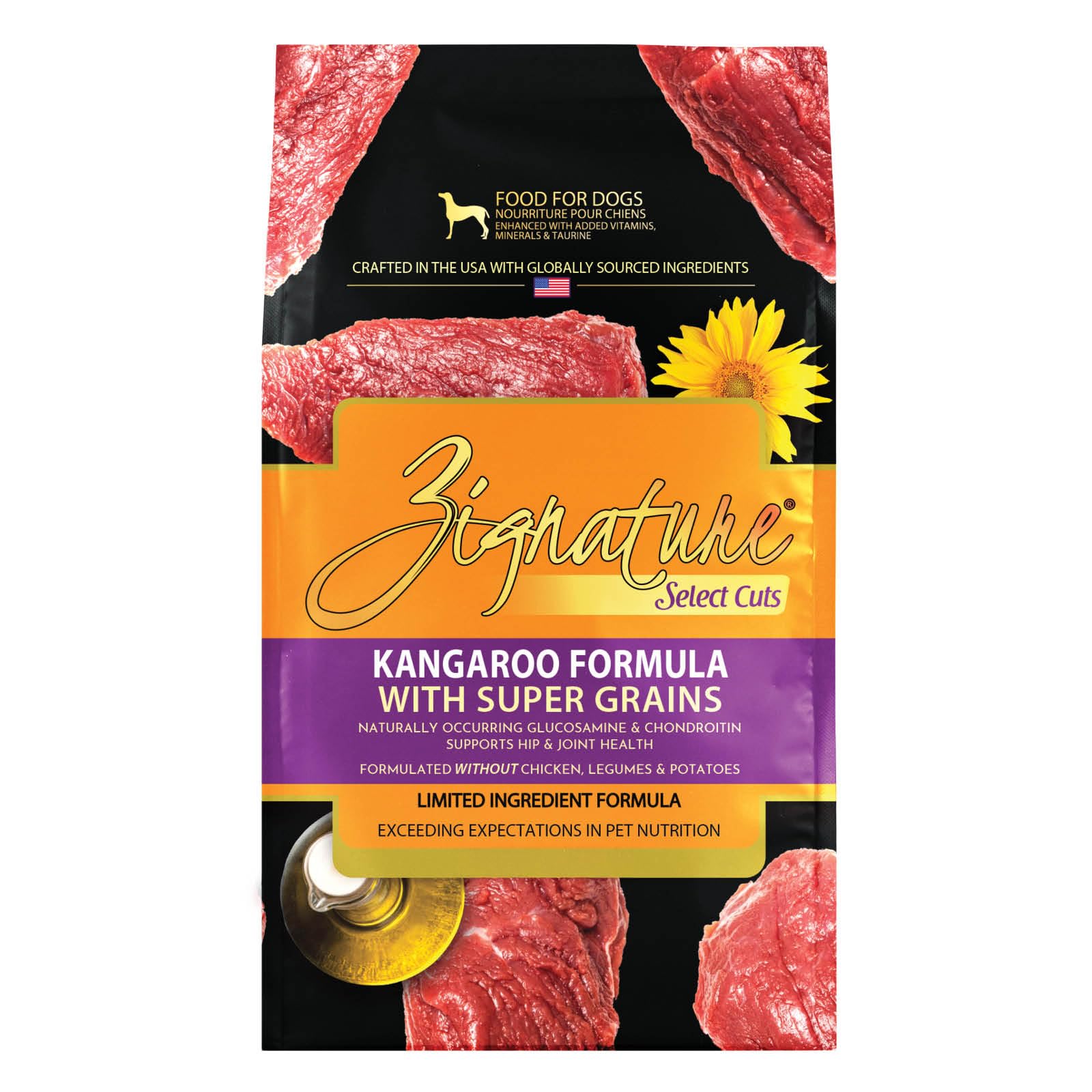 Zignature Select Cuts Kangaroo Formula bag front view, premium protein for dogs.