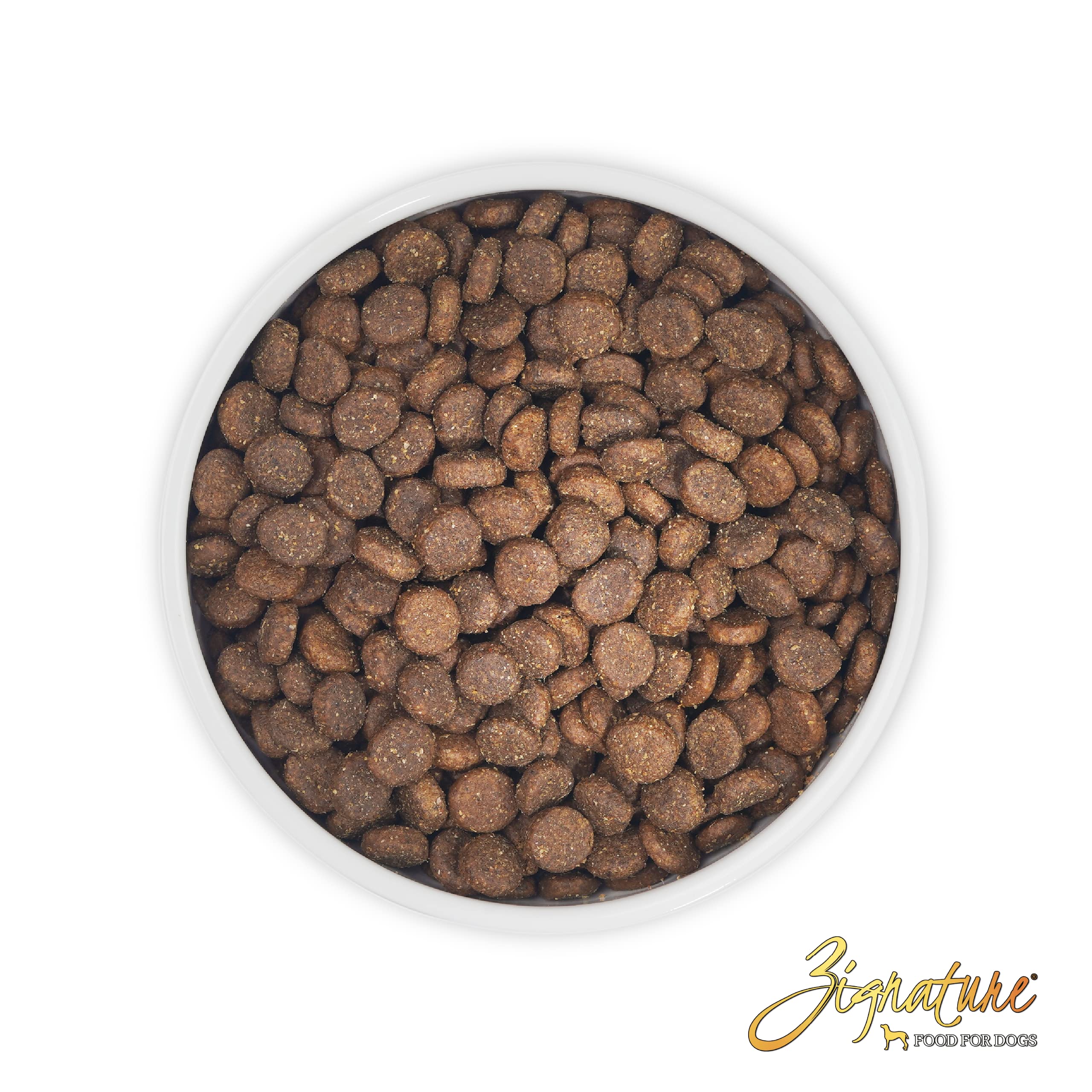 Zignature Select Cuts Lamb Lamb Formula bag open with kibble spilling out