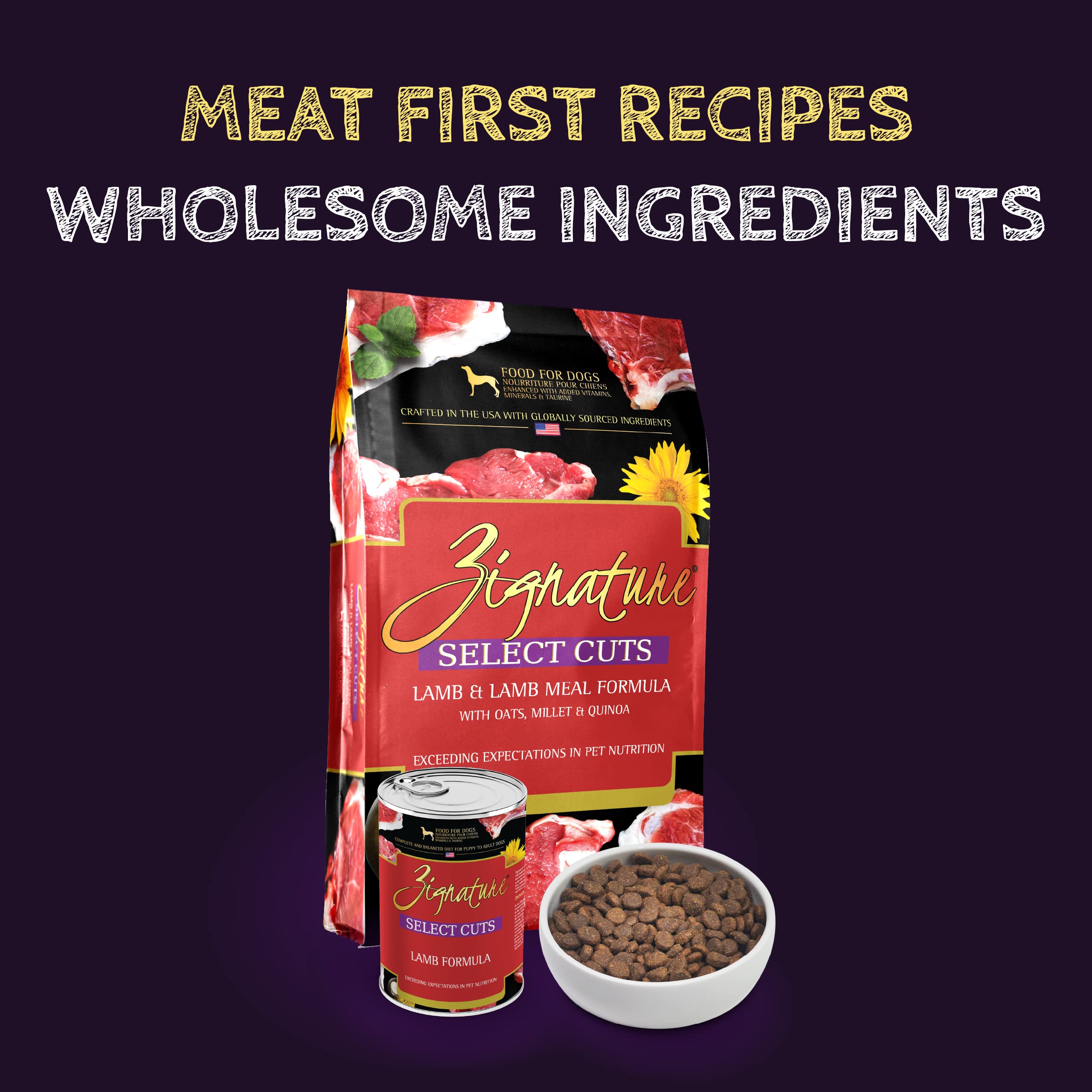 Zignature Select Cuts Lamb Formula bag with dog bowl during a meal