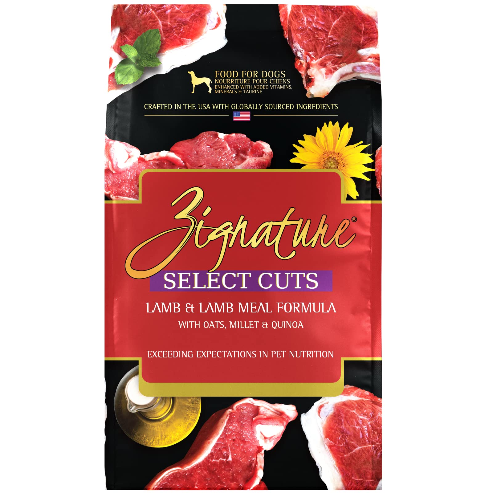 Zignature Select Cuts Lamb Formula dry dog food bag front view for convenient daily feeding