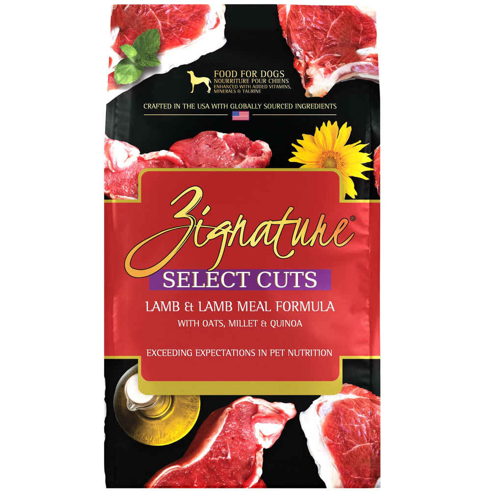 Zignature Select Cuts Lamb Formula dry dog food bag front view for convenient daily feeding