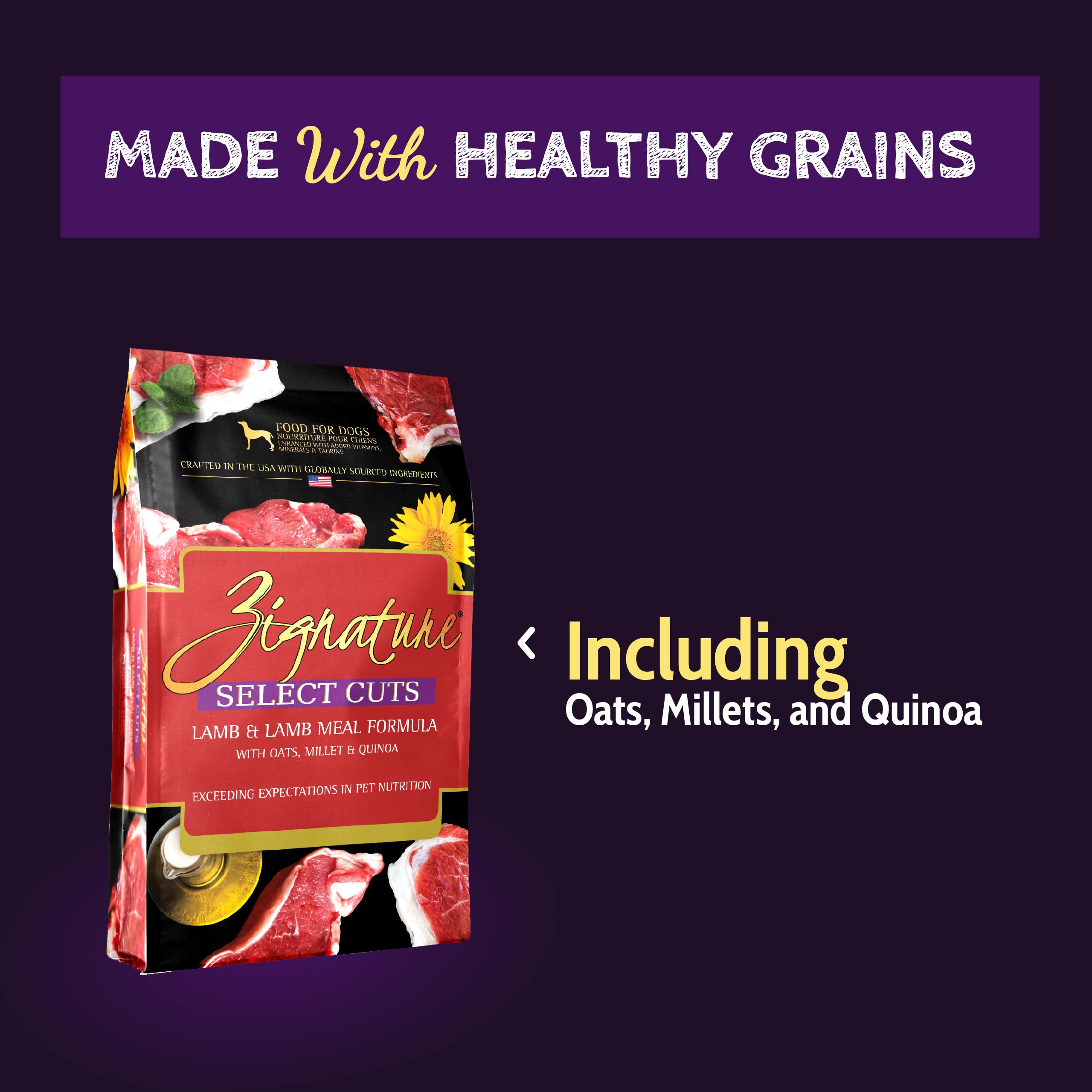 Zignature Select Cuts Lamb kibble close-up emphasizing high-quality lamb as main ingredient