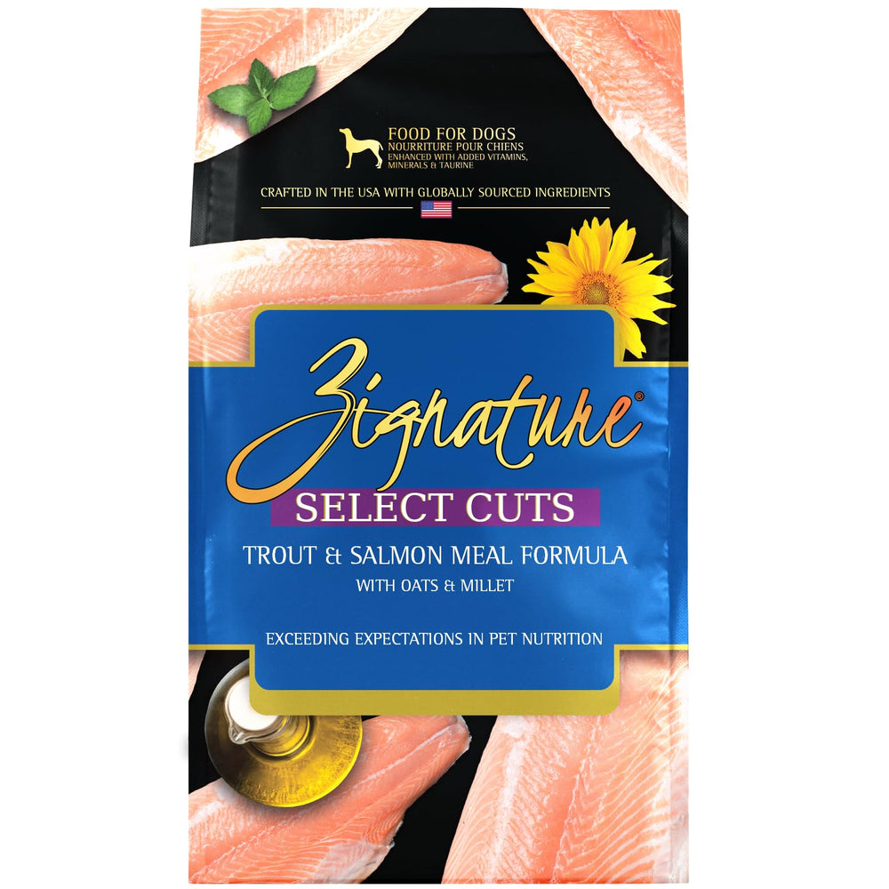 Zignature Select Cuts Trout & Salmon kibble in bag with oats and millet, ready for mealtime.