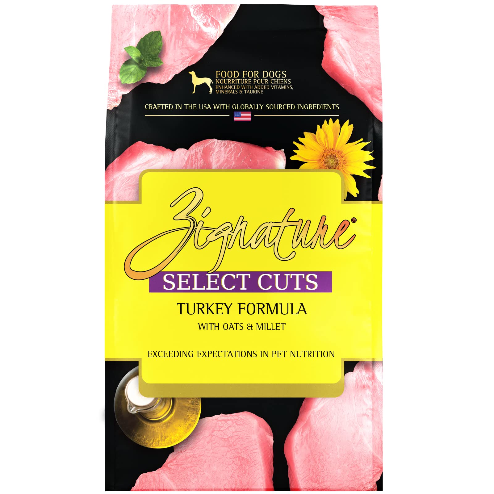 Zignature Select Cuts Turkey Formula bag front highlights a grain-conscious recipe for dogs
