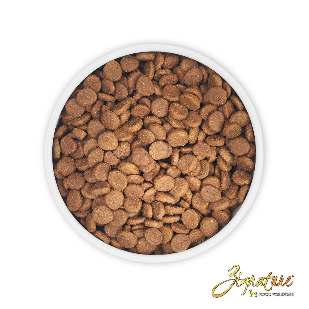 Zignature Select Cuts serving bowl illustrates easy feeding and tasty kibble for dogs
