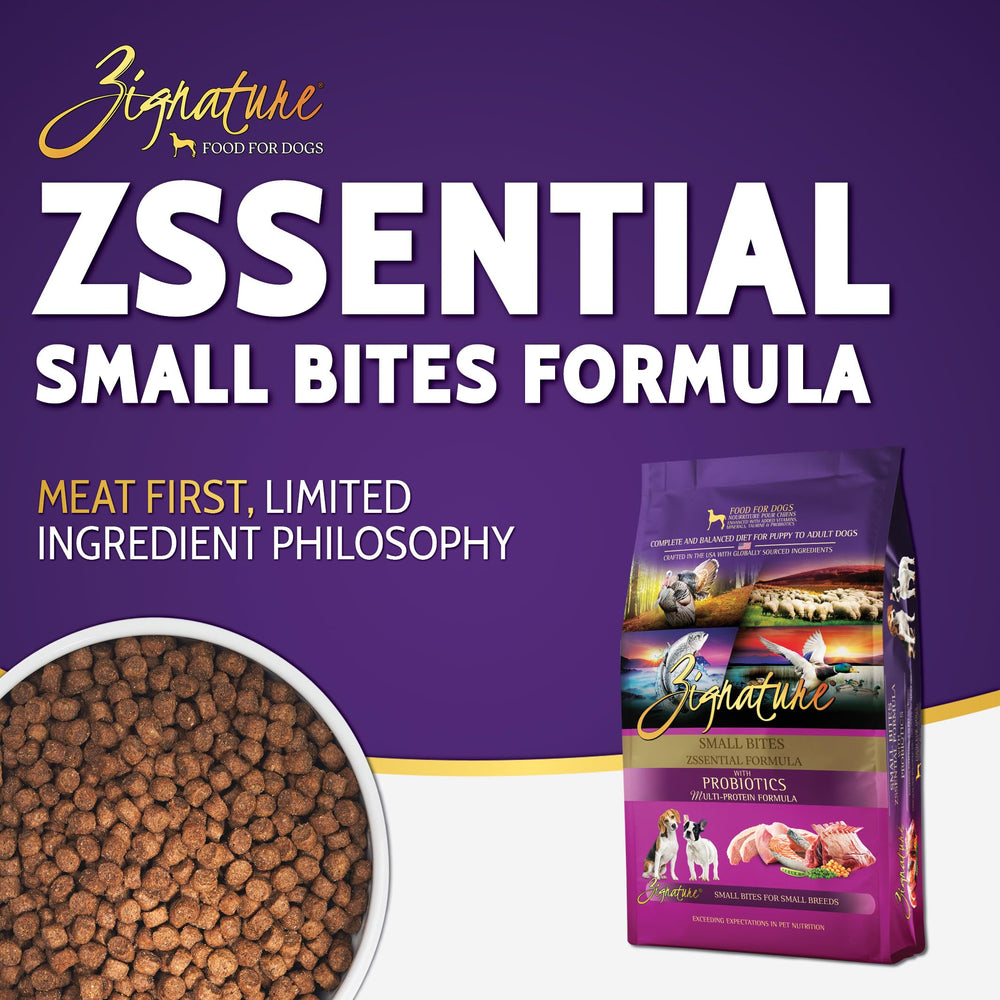 Zignature Small Bites bag pouring kibble, showing convenient serving size for small breed feeding.