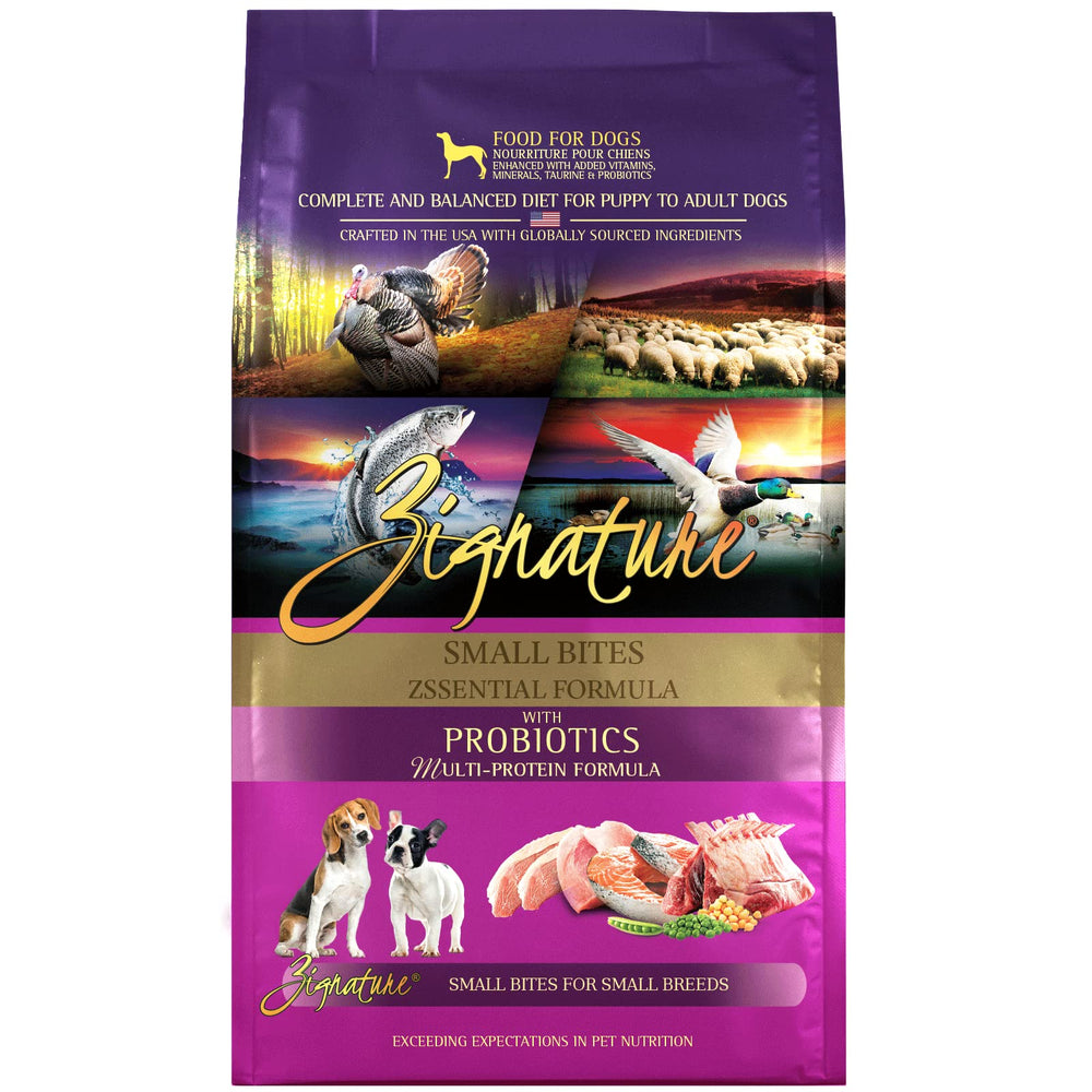 Zignature Small Bites kibble in a bowl, ideal for pint-sized dogs' meals.