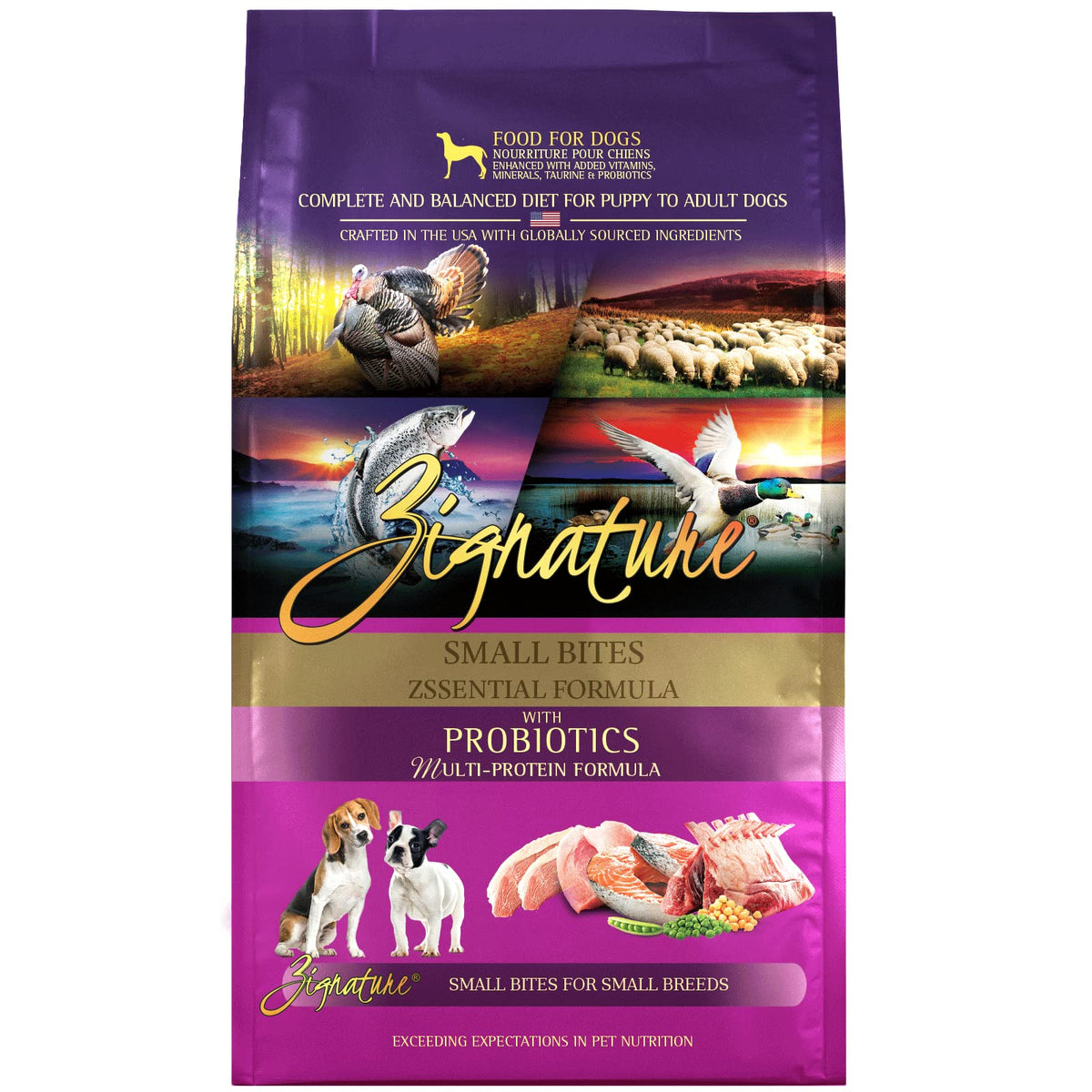Zignature Small Bites kibble in a bowl, ideal for pint-sized dogs' meals.