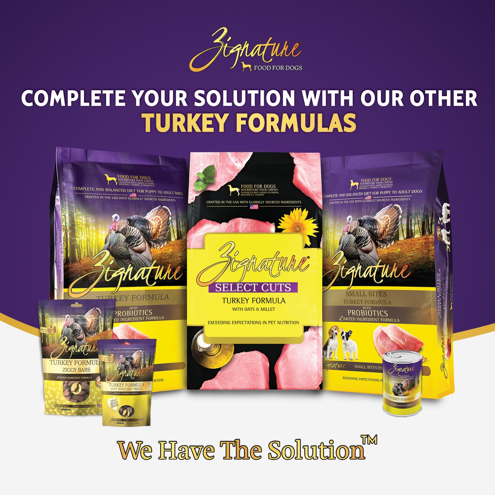 Packaging image of Zignature small-bites dog food emphasizing portion-friendly design.