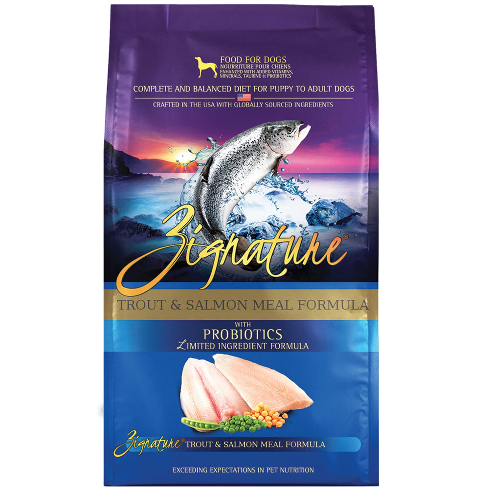 Zignature Trout & Salmon dry dog food bag (25lb) supports balanced muscle health.