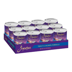 Zignature Trout and Salmon wet dog food can showing premium fish protein and hydration benefits