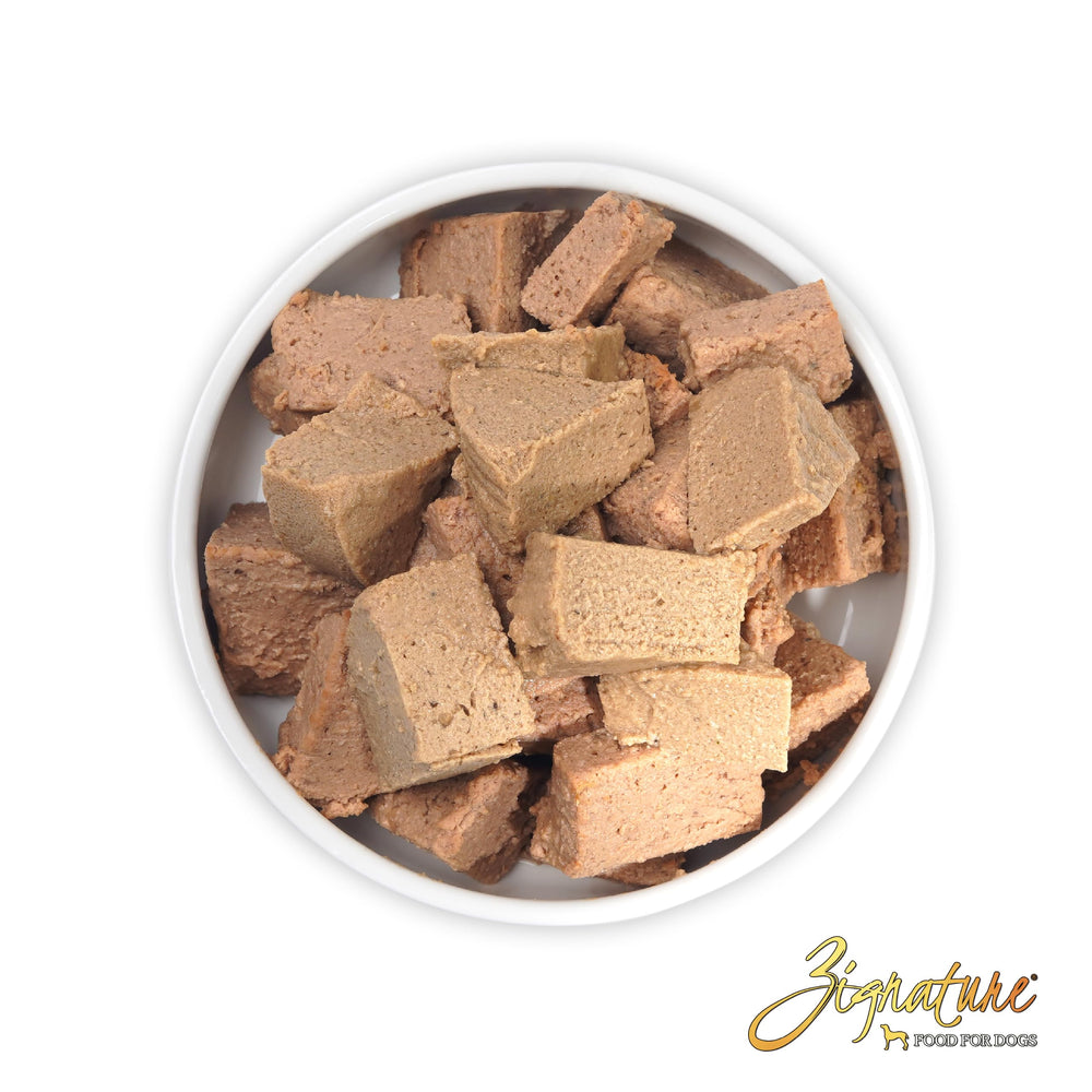 Close-up of Zignature Trout Salmon formula ingredients highlighting omega-3 and vitamins