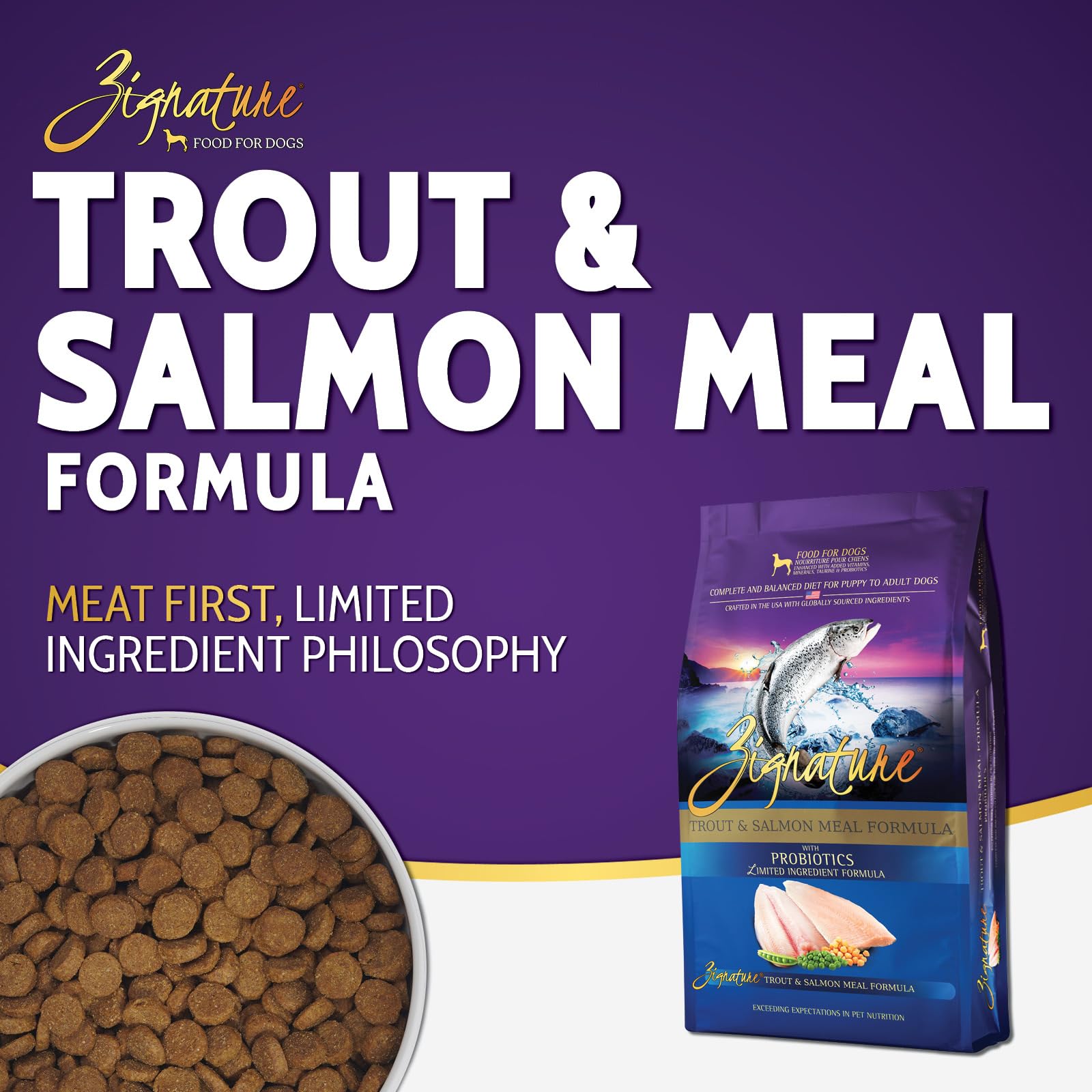 Zignature Trout & Salmon kibble closeup shows limited-ingredient formula for sensitive stomachs.