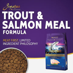 Zignature Trout & Salmon kibble closeup shows limited-ingredient formula for sensitive stomachs.