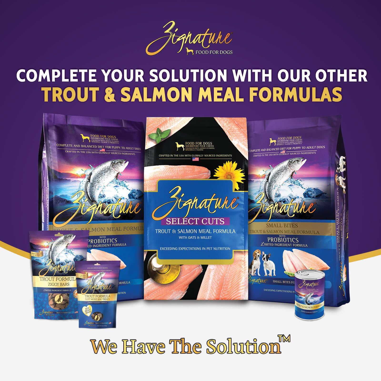 Zignature Trout & Salmon nutrition label highlights omega-3s and essential vitamins.